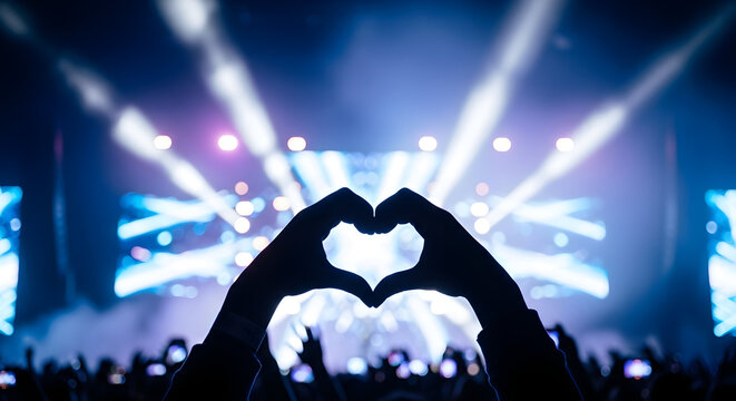 Silhouette Hands Forming Heart Shape at Concert with Bright Stage Lights and Audience