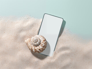 Smartphone on Sand Next to Seashell in Coastal Setting