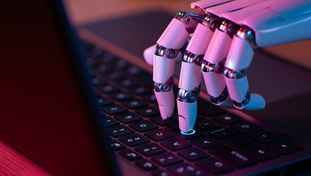 White Robotic Hand with Glowing Blue Detail Pressing a Key on a Black Laptop Keyboard with Ambient Light