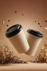 Two Floating Coffee Cups with Falling Leaves in Autumn Mood