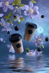 Coffee Cup Surrounded by Blossoms and Reflected Water Ripples