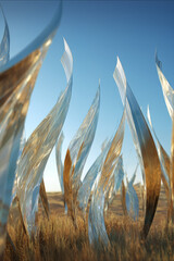 Futuristic Sculptures Rising in a Golden Field under Blue Sky