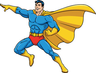 Powerful superhero flying in action pose, wearing blue costume, yellow cape and boots, red shorts, cartoon comic character illustrationPowerful superhero flying in action pose, wearing blue costume © Ponkaj Creatives