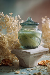 Luxury Green Swirl Candle in Decorative Glass Jar with Dried Botanicals