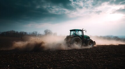 Fototapeta premium Tractor plowing farmland under dramatic sky