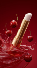 Red Lipstick with Flying Cherries and Fabric Swirl on Red Background