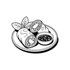 Delicious Rolls: A monochrome illustration showcases two appetizing spring rolls, arranged elegantly on a plate alongside a small bowl of dipping sauce and fresh leaves. Perfect for food enthusiasts.