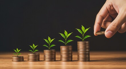 A hand adds a coin to ascending stacks of coins topped with green leaves, symbolizing growth. Dark background, warm lighting highlights textures, shallow depth of field focuses on the subject.