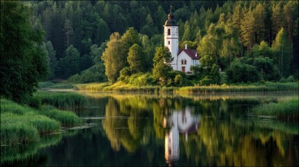 Fototapeta premium Tranquil lakefront church scene