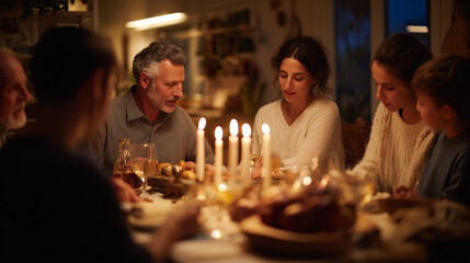 Rosh Hashanah, Jewish family lighting candles at dinner table with apples and honey