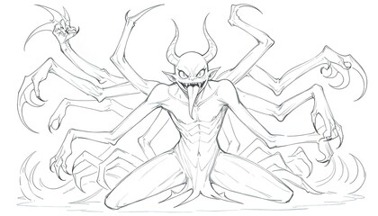 Fototapeta premium Multi-limbed demonic creature sketch.