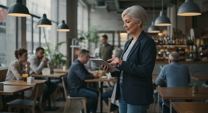 Businesswoman using tablet in modern cafe, people dining blurred background - Powered by Adobe