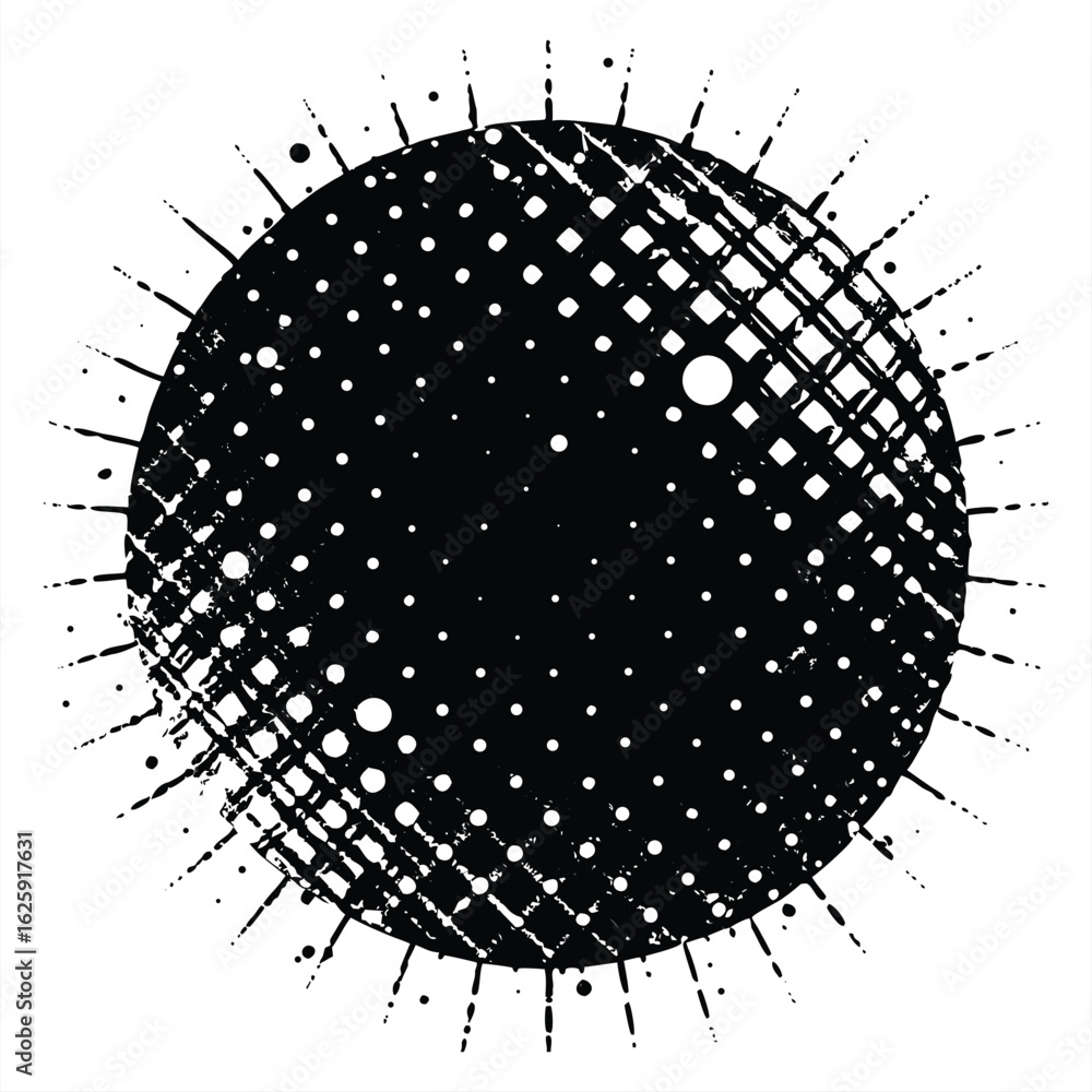 Poster abstract black sphere with radiating lines and dots creating a textured futuristic and energetic cel