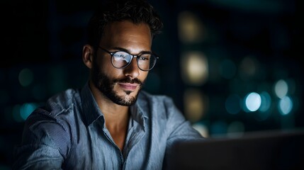 Startup founder working late into the night on a laptop in a focused entrepreneurial setting