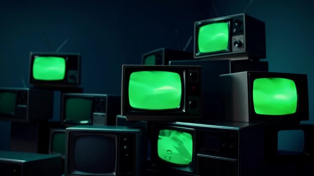 4K animated scene stacked retro televisions turning glowing green screens cool blue tones perfect chroma key replacement vintage video media style video