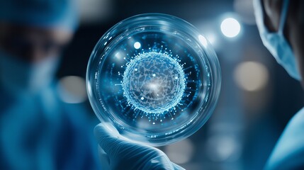 Scientist wearing protective gear examining glowing virus sample in high tech laboratory, medical research professional working near colleague Scientist
