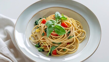 A delicious, healthy pasta dish, featuring vibrant colors and fresh ingredients. The composition is clean and minimalist