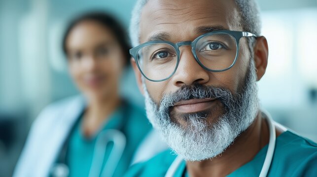 Close up of mature surgeon wearing glasses, working alongside colleague in sterile hospital environment, representing medical surgeon