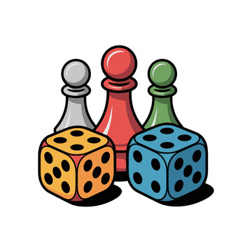 Colorful Game Pieces: A vibrant illustration of board game components including colorful dice and pawns, evoking a sense of playful competition and strategic thinking.