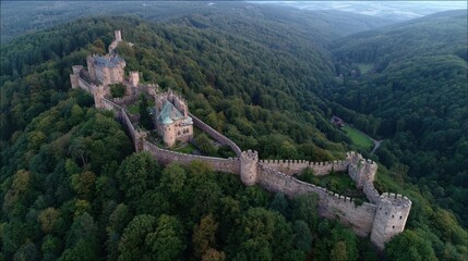 Aerial view of historic castle in lush forest