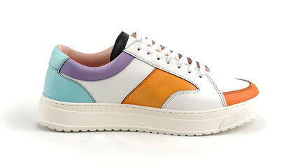Naklejka premium Illustration of trendy colorful leather sneaker isolated on white background, perfect for casual and sporty style, showcasing modern and chic design for unisex fashion