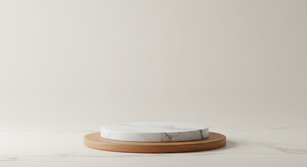 Minimalist product display featuring a round marble platform on a wooden base against a neutral, light beige background.