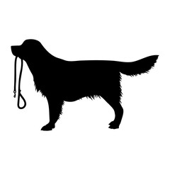 Vector  silhouette of a dog holding a leash in its mouth standing still on transparent background