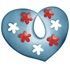 Blue Teardrop Heart with Scattered Red and White Flowers