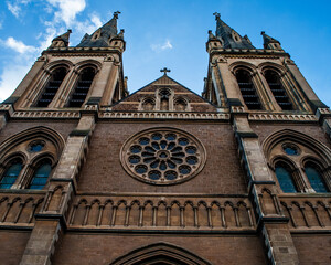 Church towering into a blue sky