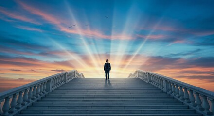 A person in a suit stands atop an ornate staircase, illuminated by radiant sunset rays, with a dramatic sky filled with soft cloud formations.