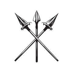Vector illustration of three sharp spears arranged in a cross, with symmetrical design and strong spearhead details isolated on a white background