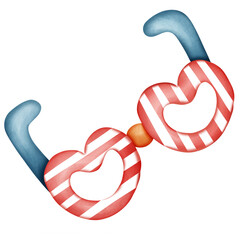 Heart-shaped glasses with candy cane striped frame and blue arms