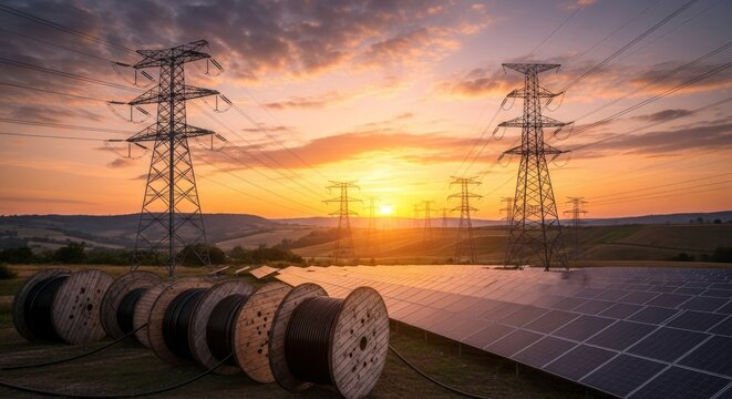 Stunning sunset over a solar power farm and electricity pylons.  Renewable energy, sustainable technology, and clean energy sources are showcased in this picturesque landscape. - Powered by Adobe