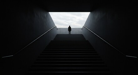 Silhouette of a solitary figure at top of dark stairs, illuminated by daylight. Stark contrast, minimalist style, introspective mood.