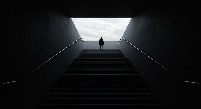 Silhouette of a solitary figure at top of dark stairs, illuminated by daylight. Stark contrast, minimalist style, introspective mood.