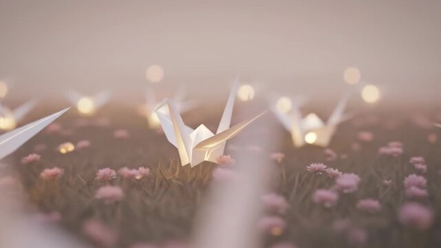 Paper origami crane bird on blurry nature background at sunrise with fog . August 6th. A memorial for peace and remembrance of victims of the war in Hiroshima on August 6th. Peace Memorial Day.
