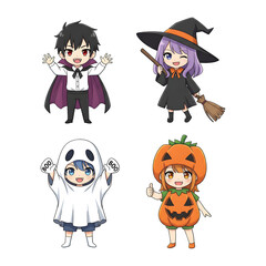 A cute child in a anime-style cartoon Halloween costume, happy for Halloween. Transparent background.