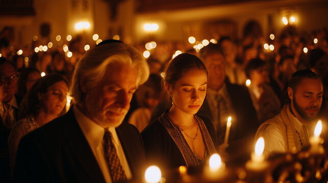 Selichot Service, Jewish congregation praying in candle-lit synagogue