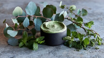 Herbal balm in stone bowl surrounded by eucalyptus and mint leaves