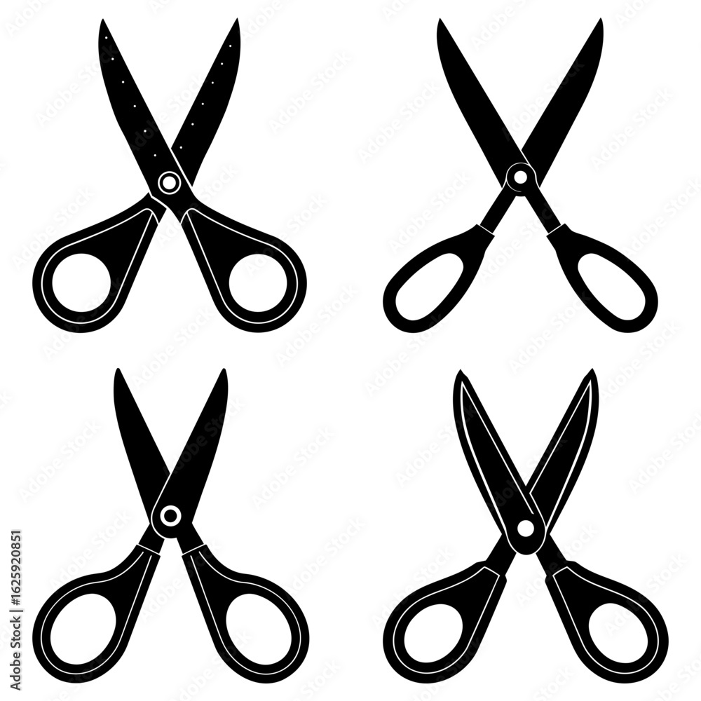 Poster four black scissors in different positions with handles and blades on a white isolated background de