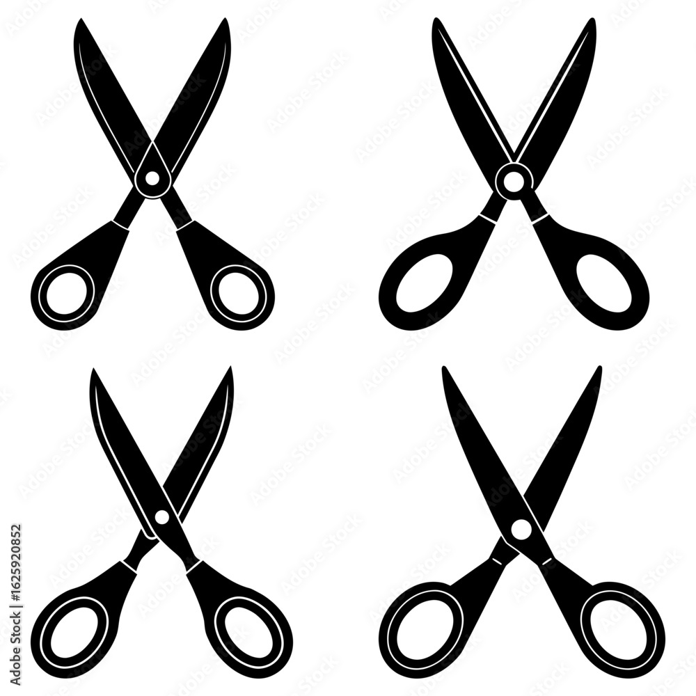 Poster four black and white scissors arranged in a square pattern with blades open and handles visible clea