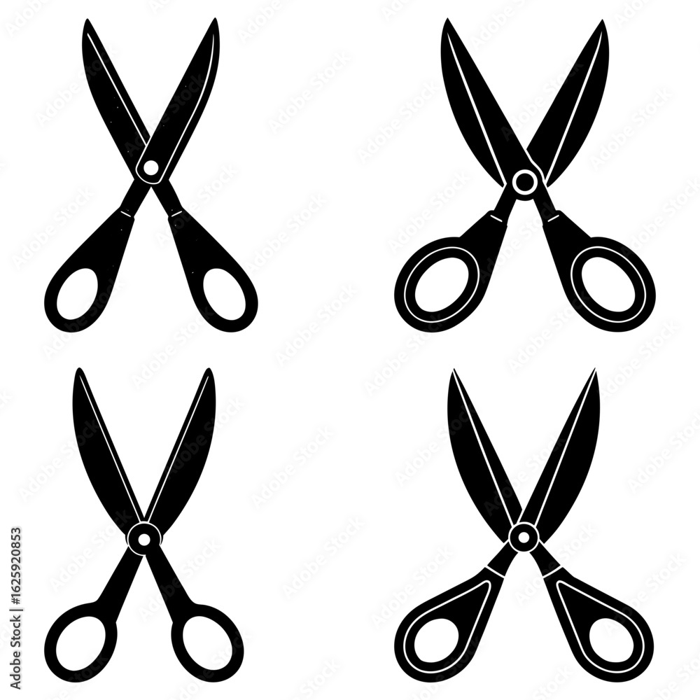 Poster four black scissors in various open positions on a white background in a symmetrical arrangement des