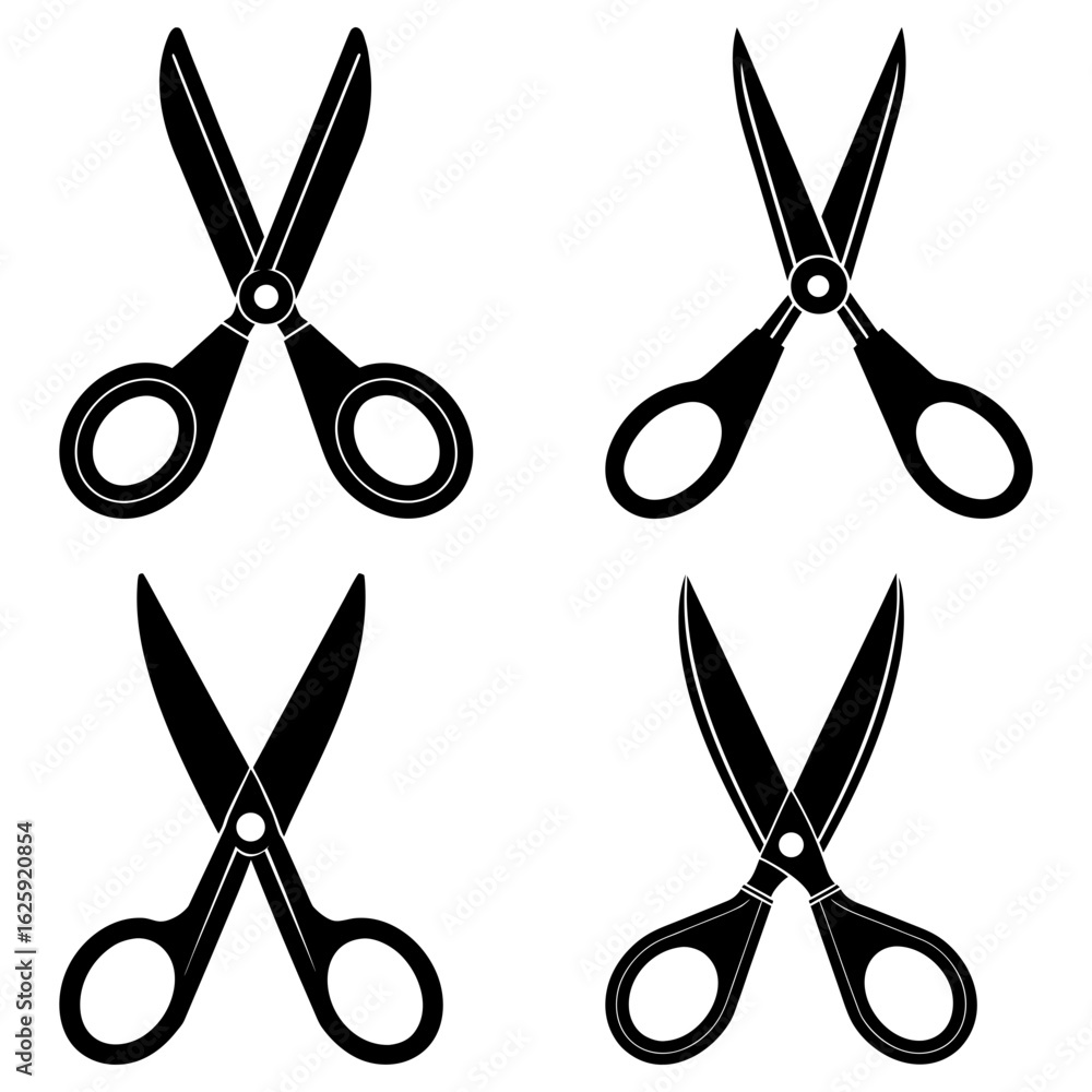 Poster four black scissors arranged in a square pattern against a plain white background in a simple design