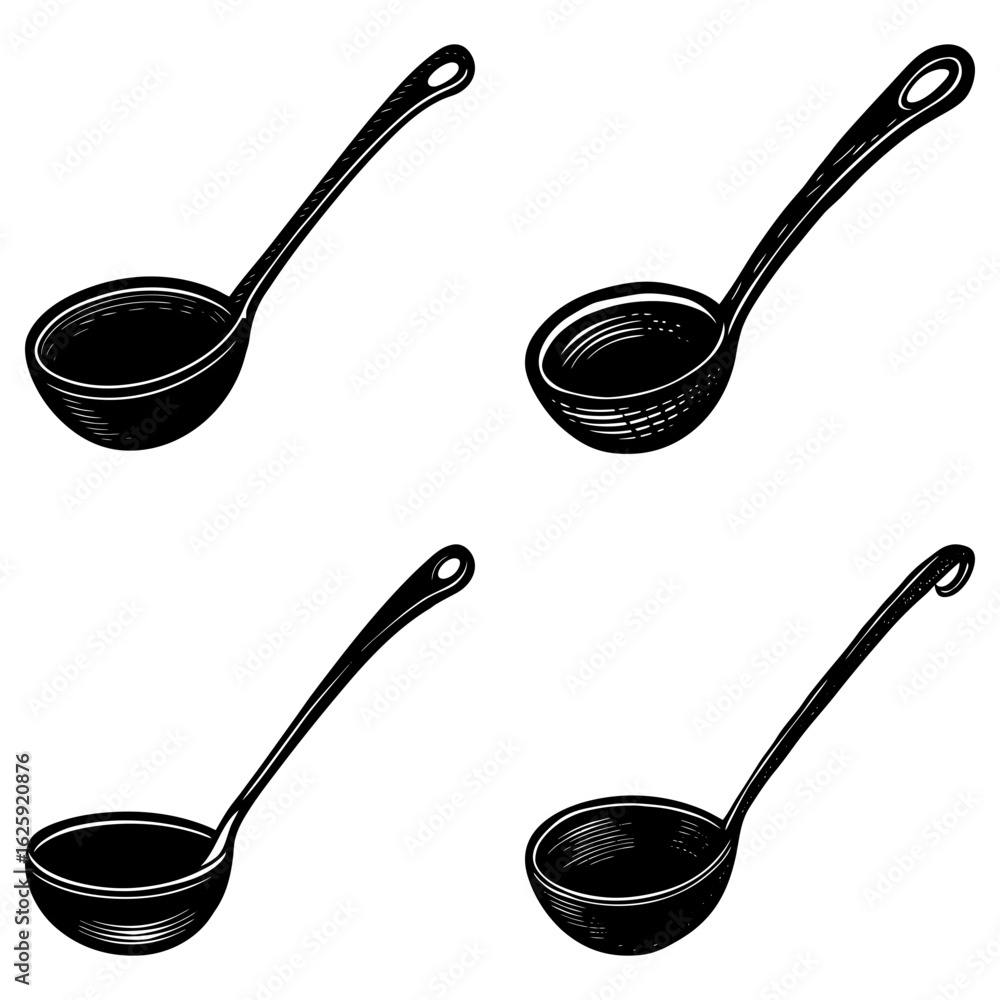 Poster four black and white sketch style ladles with long handles and circular bowls in a grid pattern
