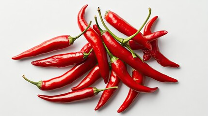 A bunch of fresh red chilies scattered artistically on white background, emphasizing natural color and spicy appeal