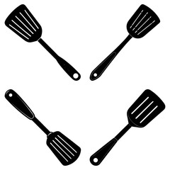Four black spatulas arranged in a square formation on a white background kitchen cooking utensils