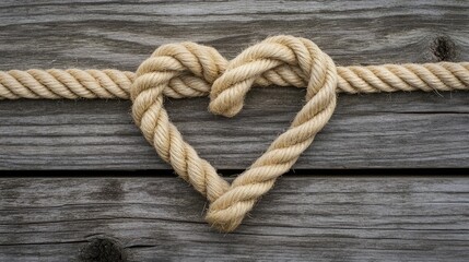 A simple rope forming a perfect heart-shaped knot on a wooden surface background, symbolizing rustic love and relationships