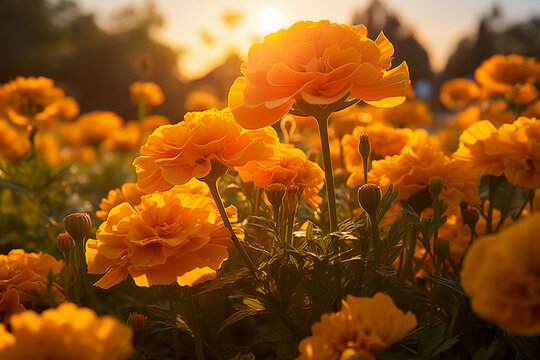 Marigolds blooming in the rice fields