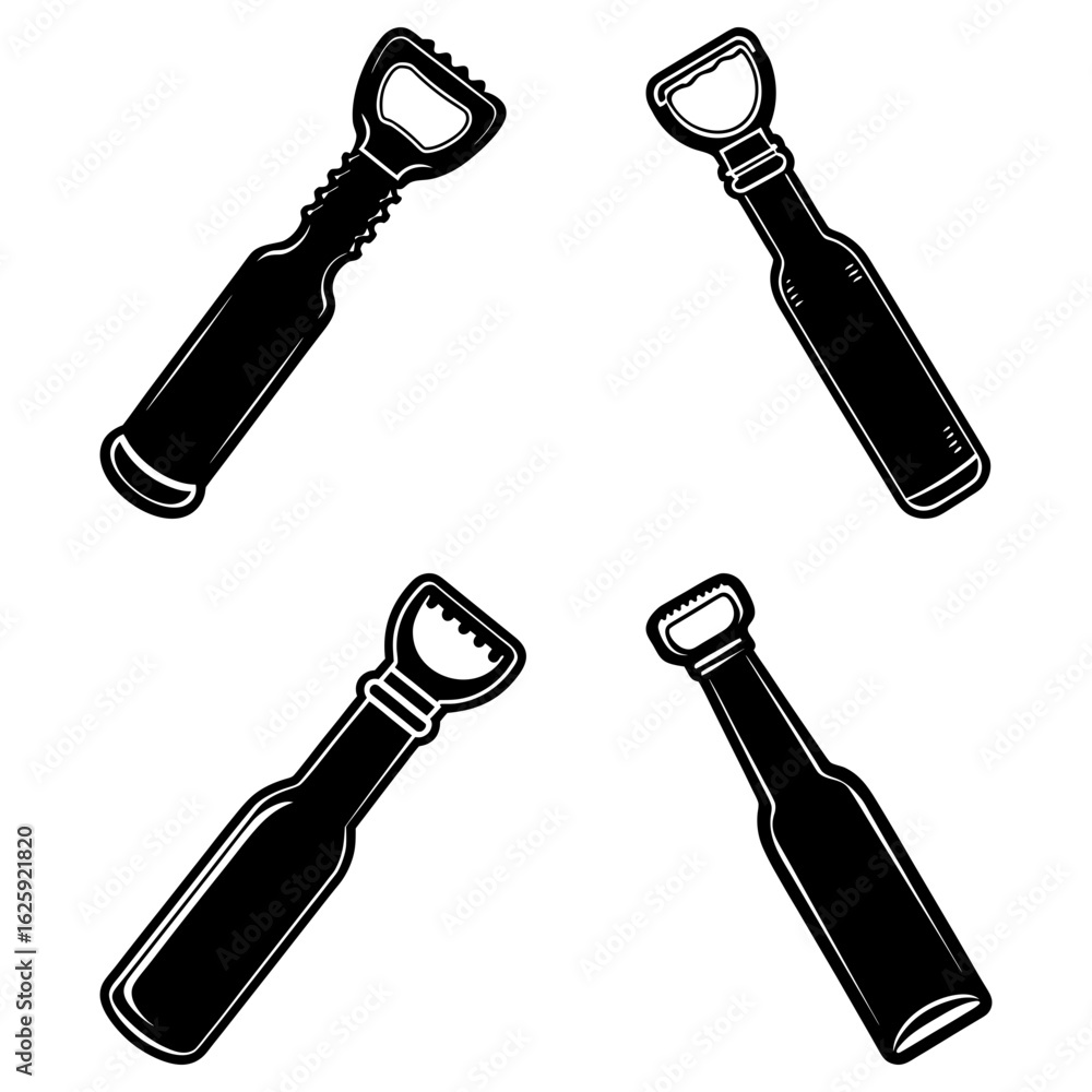 Poster four bottle openers arranged in a square pattern with varying designs in a black and white vector ar