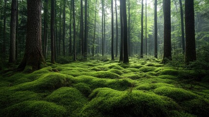 Obraz premium Beautiful forest landscape with thick moss growing at the base of trees, evoking serenity and natural beauty